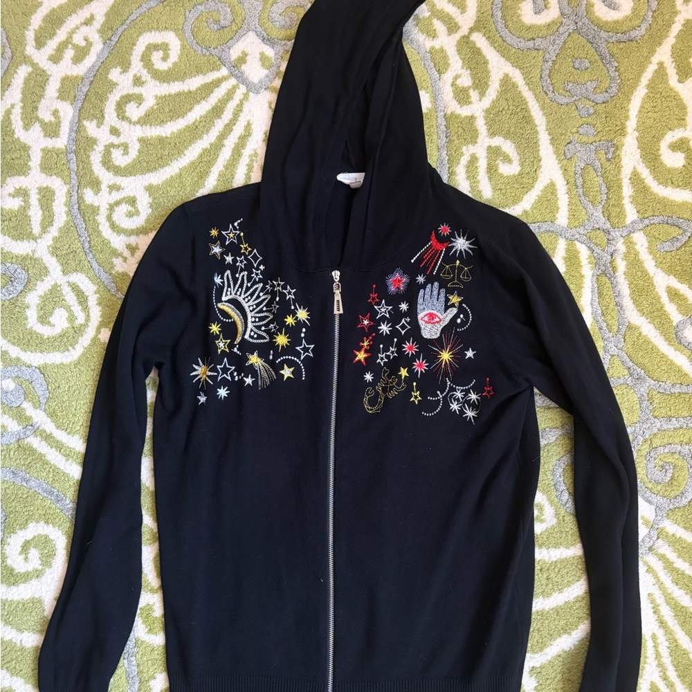 Alternative milano Black Zip-Up Hoodie with Embroidery